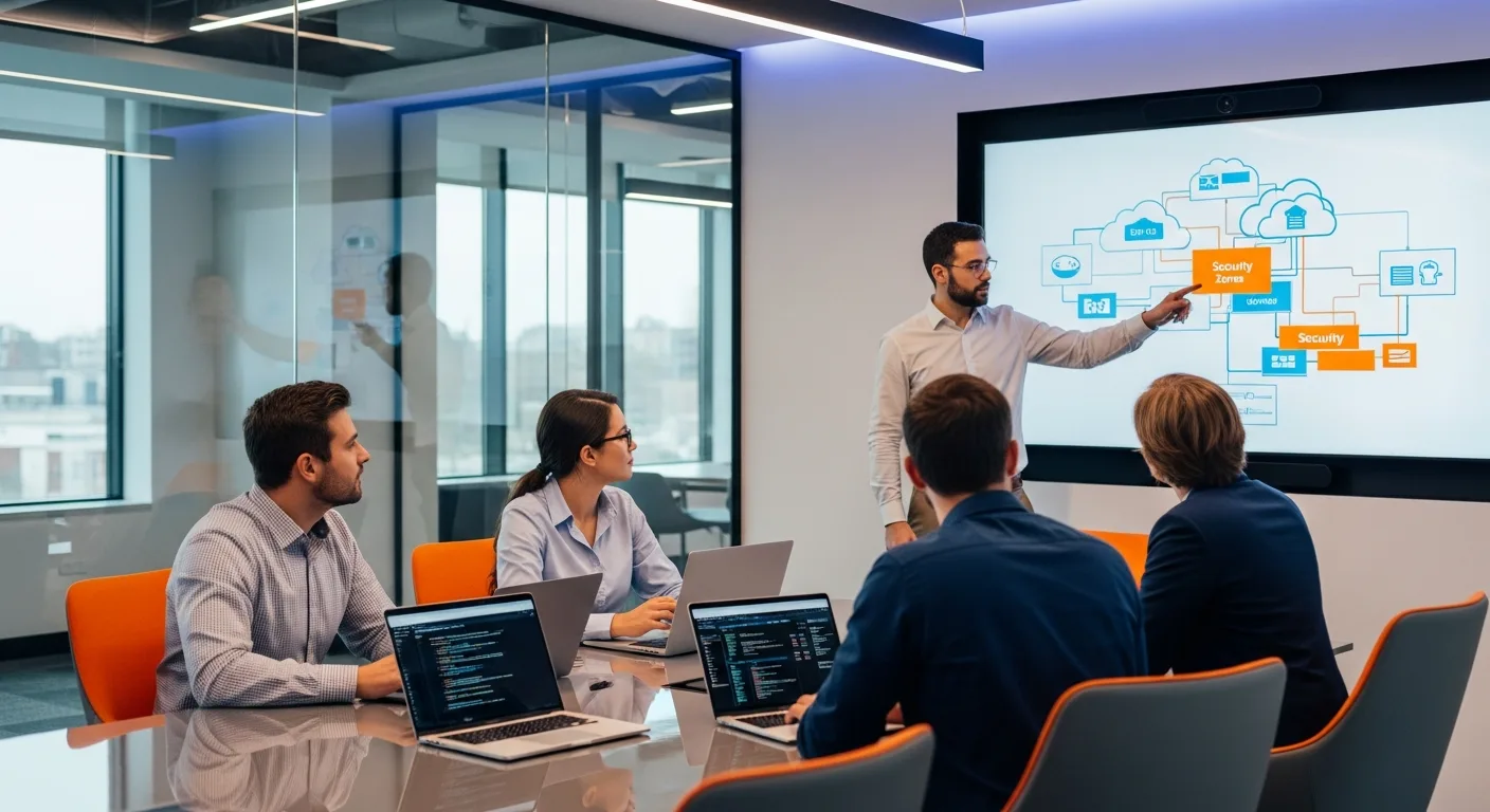 Cloud security team reviewing cloud architecture threat zones on a conference room display