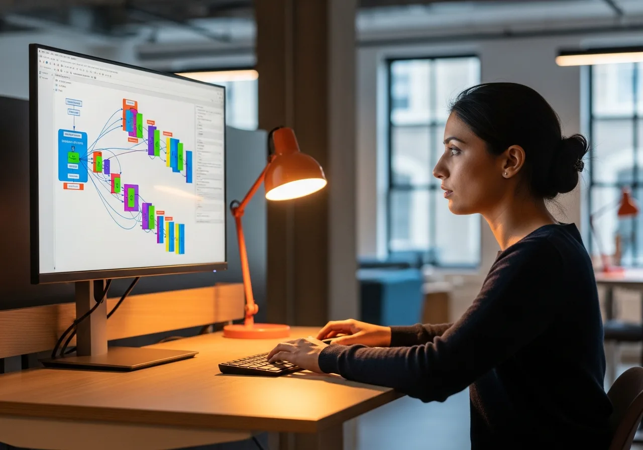 Female computer vision engineer reviewing neural network architecture on monitor with orange desk lamp