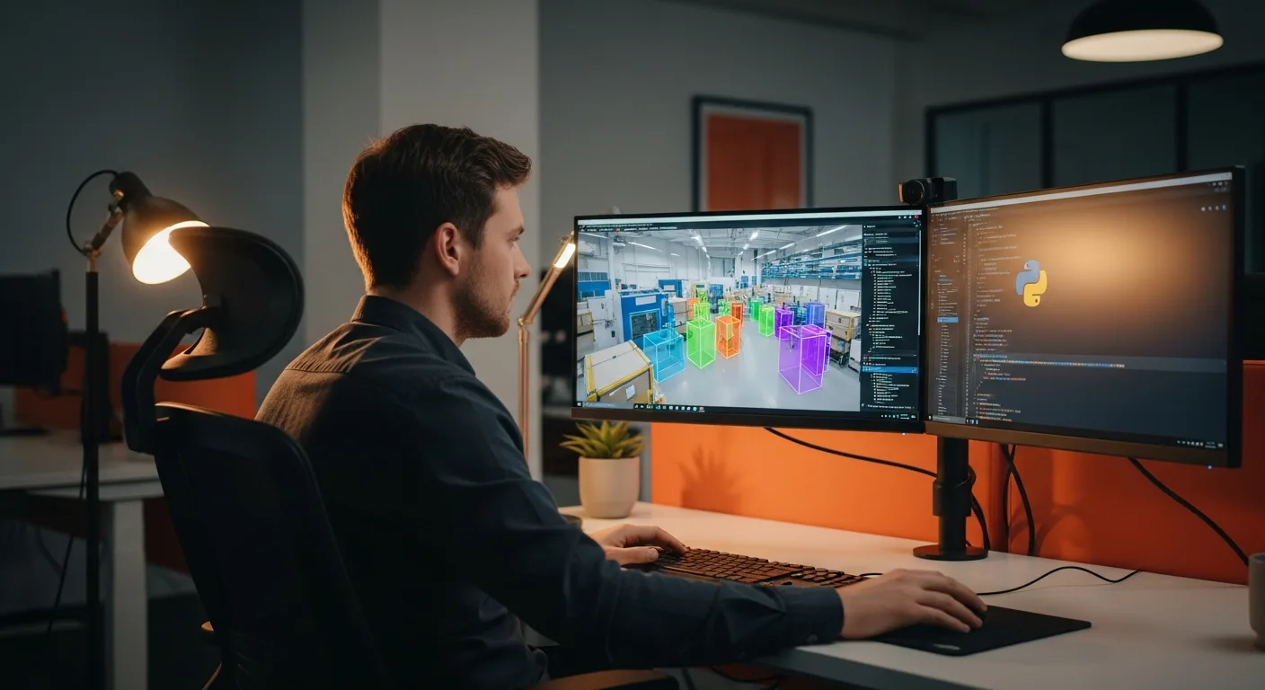 Computer vision engineer working at dual-monitor workstation with object detection overlays on screen