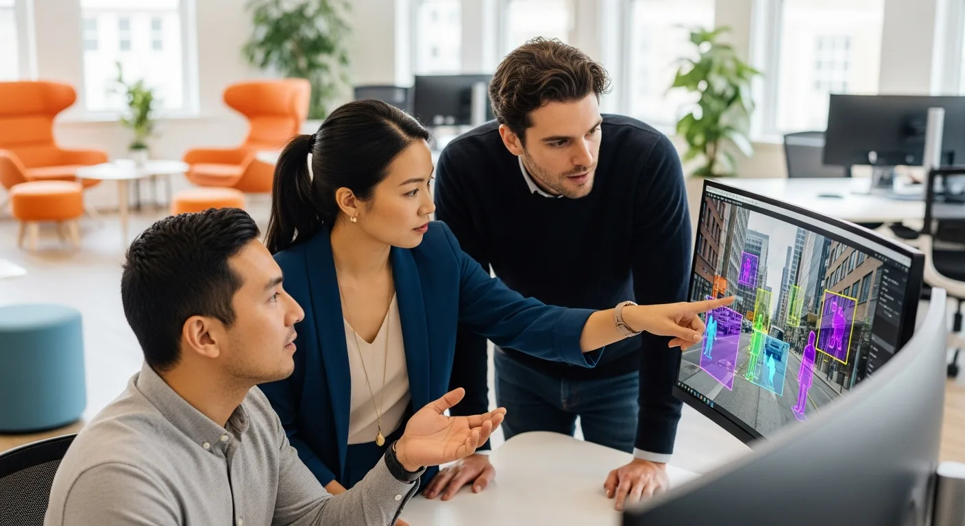 Team of computer vision engineers reviewing object detection results on large monitor in modern office