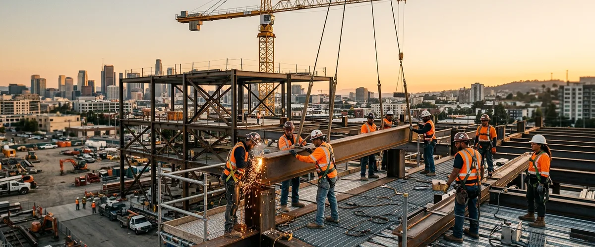Construction staffing agency crew on a large commercial job site