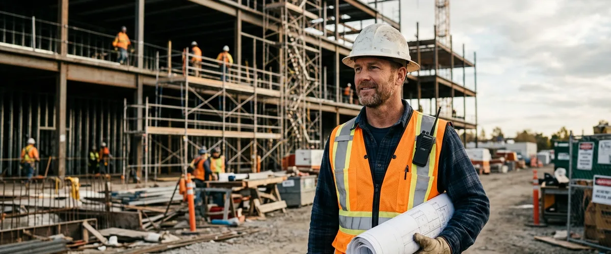 Construction staffing agency crew working on a commercial job site