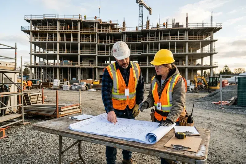 Construction project manager reviewing plans with superintendent on site