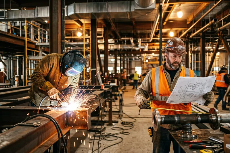 Skilled trades crew including welder and pipefitter on a construction site