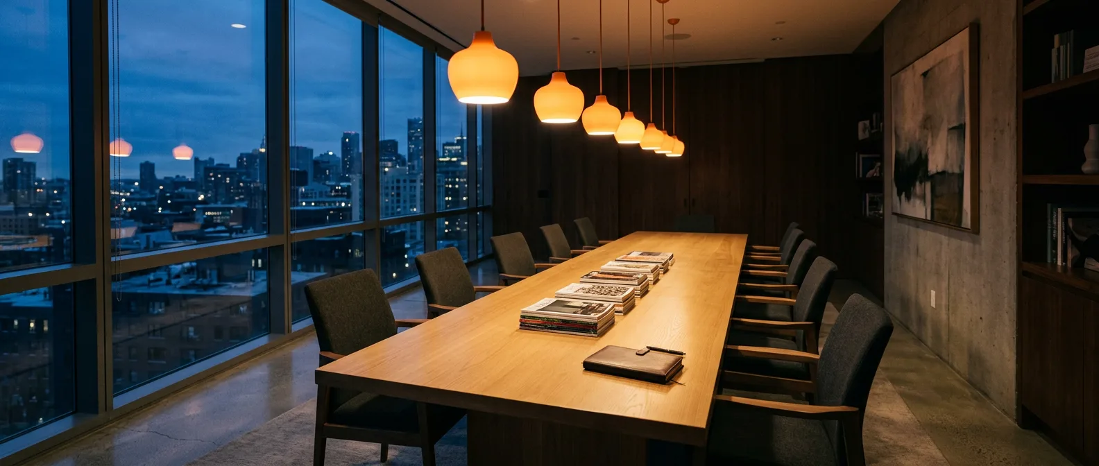 Warm-lit editorial boardroom at dusk with a long table and pendant lights
