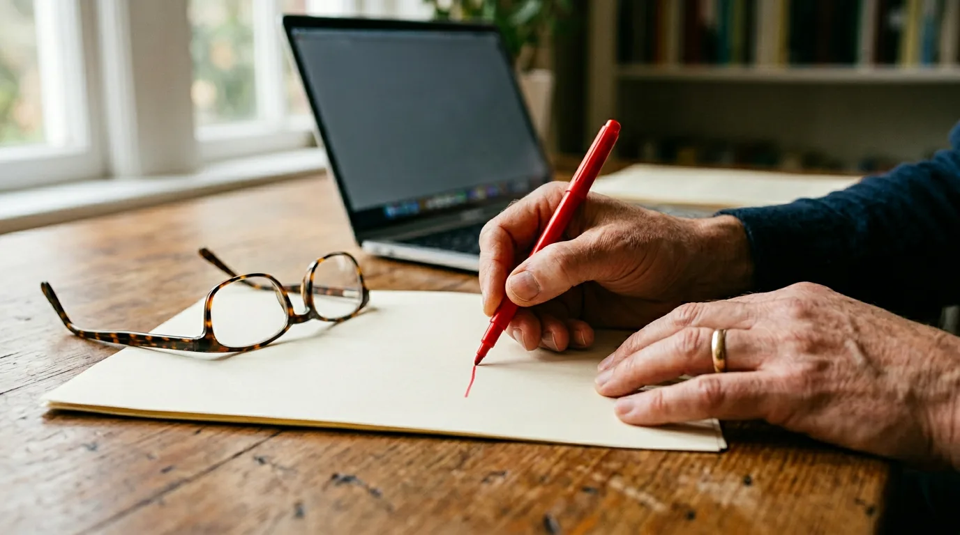 Editor marking up a printed content brief with red pen