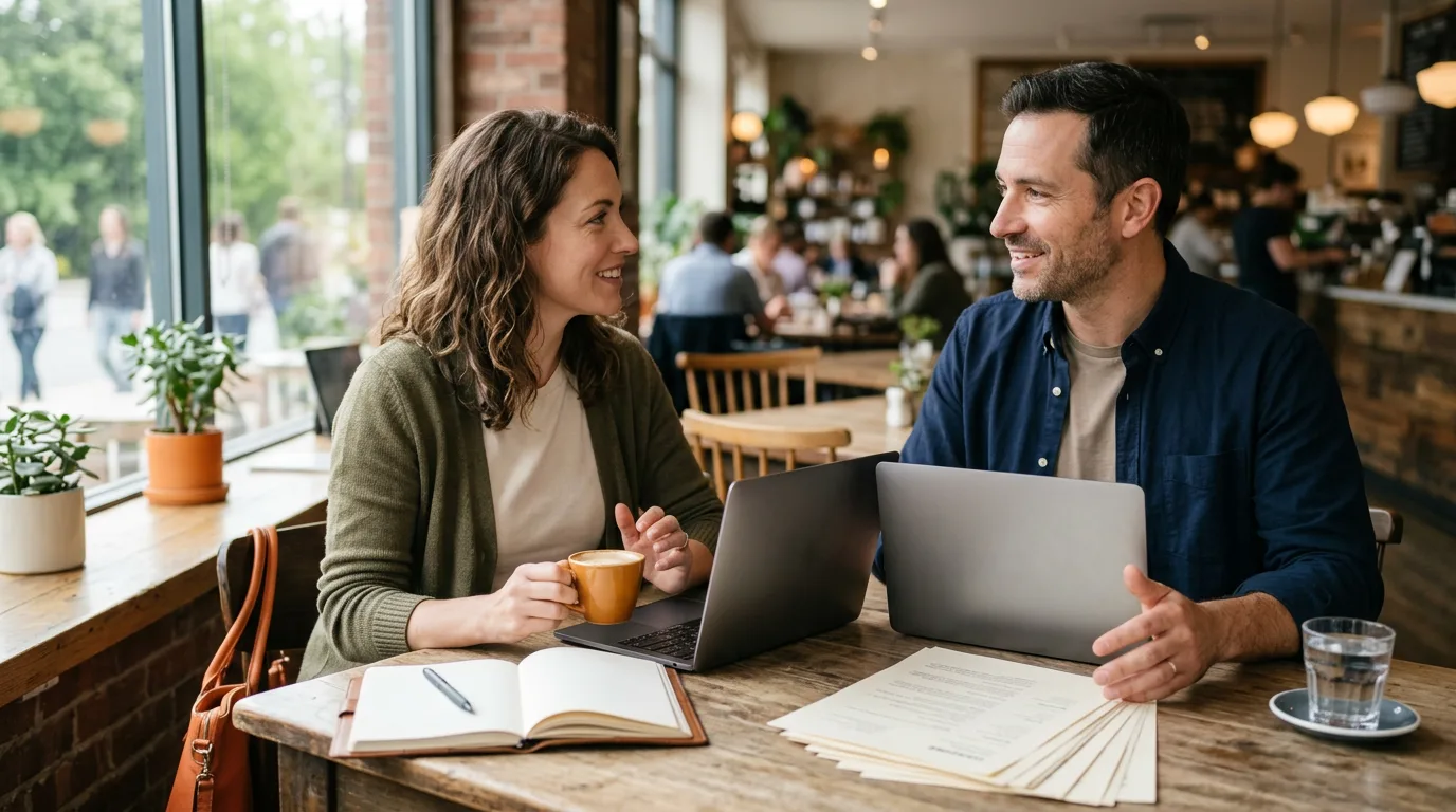 Content recruiter and hiring manager reviewing candidate portfolios together