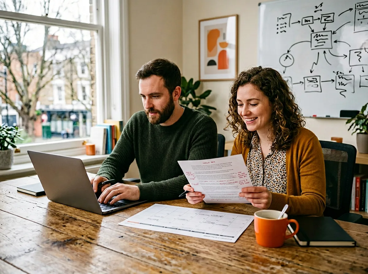 Content marketing team at a shared desk reviewing an editorial calendar