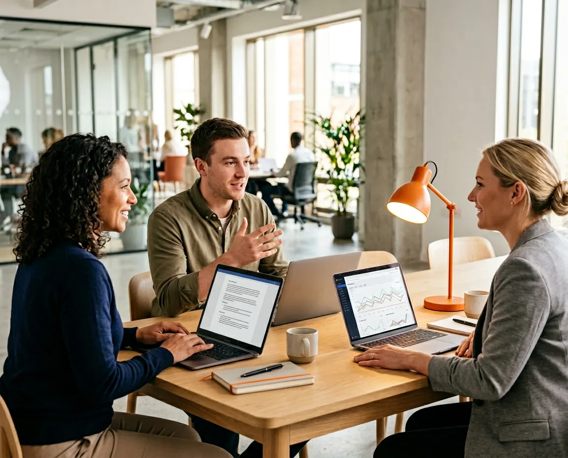 Three content marketers around a table with laptops showing spreadsheets, documents, and analytics dashboards