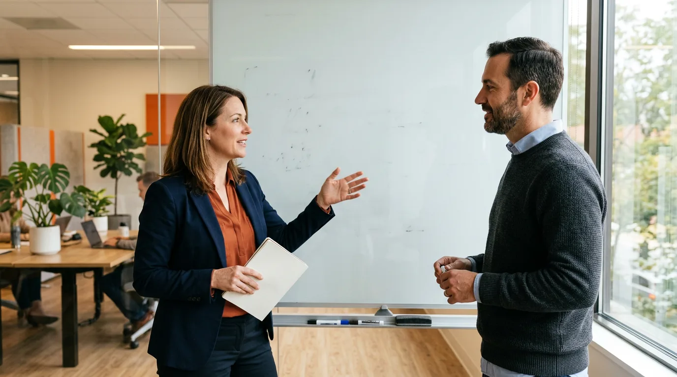 Two marketers in conversation at a whiteboard during a content planning session