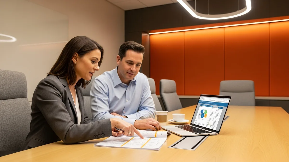 CFO and HR director reviewing a contingent versus full-time employee cost comparison spreadsheet