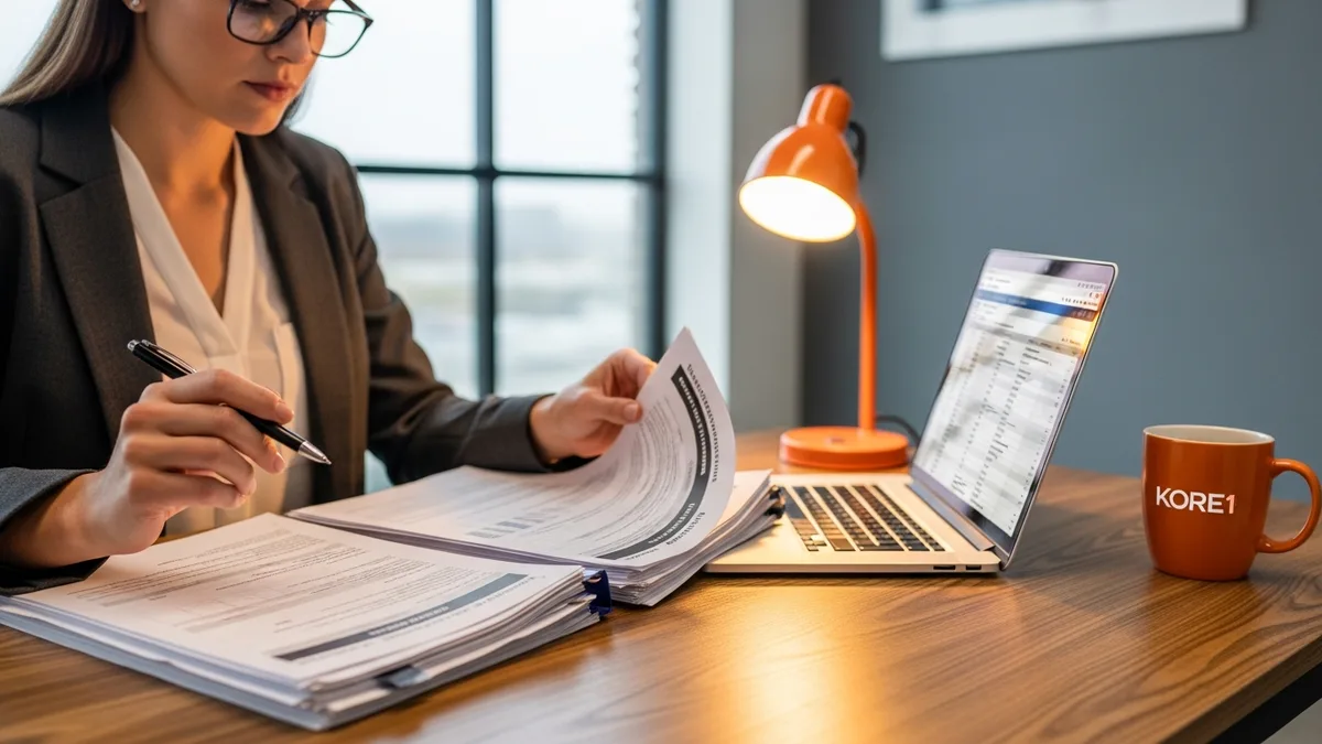 Compliance officer reviewing stack of 1099 and W-9 forms beside laptop spreadsheet for contractor classification audit