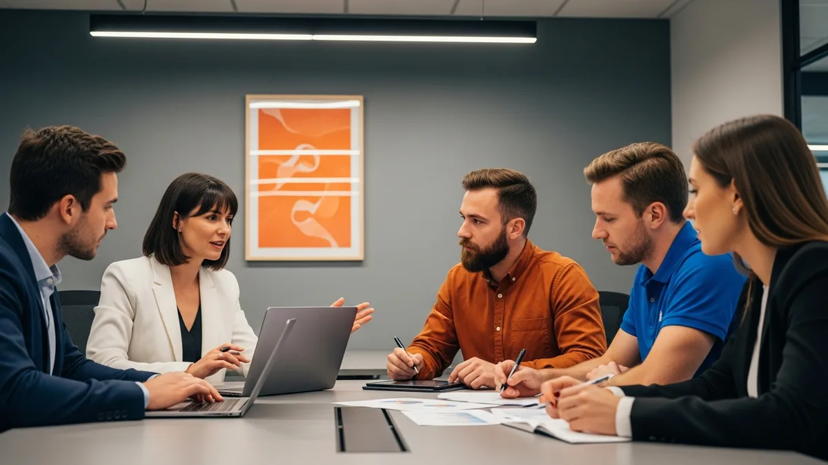 Mixed permanent and contingent workforce team collaborating around laptops in a modern open office