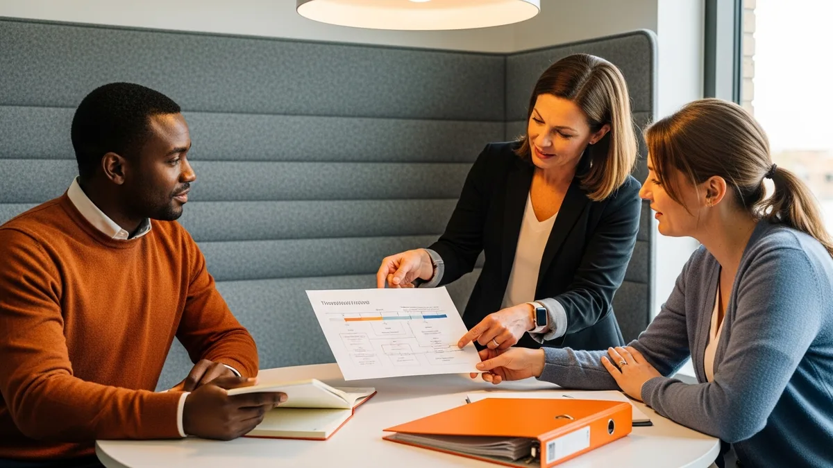 Cross-functional HR procurement and IT team reviewing contingent workforce program rollout timeline at conference table