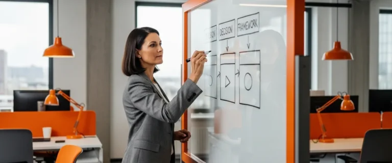 Hiring manager drawing a contingent workforce versus full-time decision framework on a whiteboard in a modern office