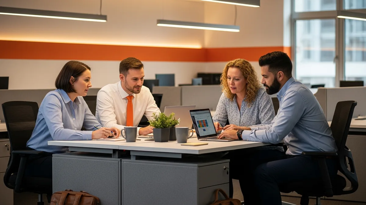Mixed team of contingent contractors and full-time employees collaborating around a laptop in a modern tech office