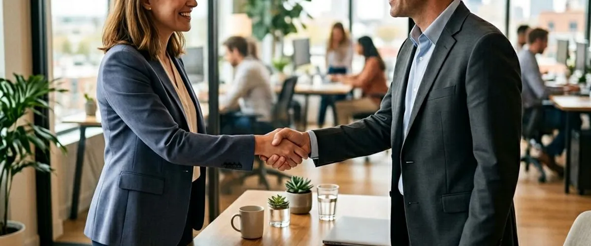 Two business professionals shaking hands across a desk after a successful contract-to-hire conversion