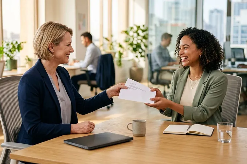 Hiring manager extending a permanent offer letter to a successful contract-to-hire candidate