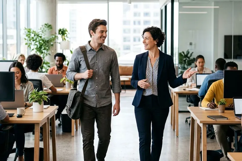 New full-time employee being onboarded by manager after successful contract-to-hire conversion