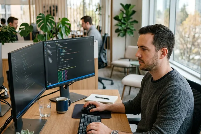 Software engineer working at a desk during a contract-to-hire trial period at a fast-growing tech company