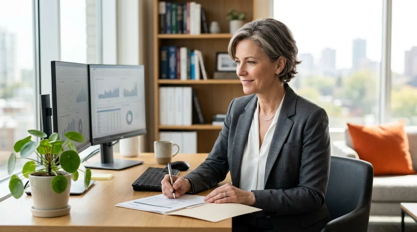 Senior financial controller reviewing month-end close reports on dual monitors, KORE1 controller staffing services