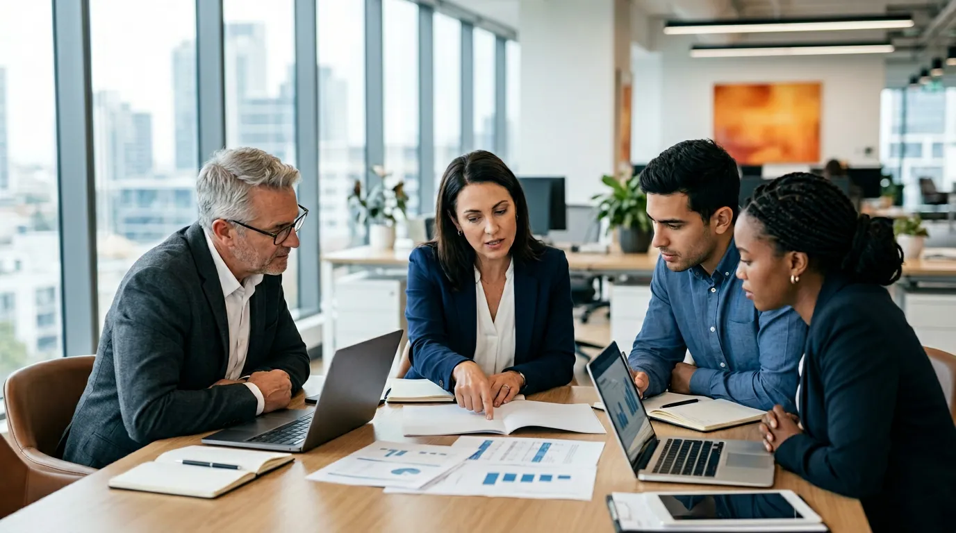 Finance team reviewing month-end close packet at conference table, controller leading reporting cycle