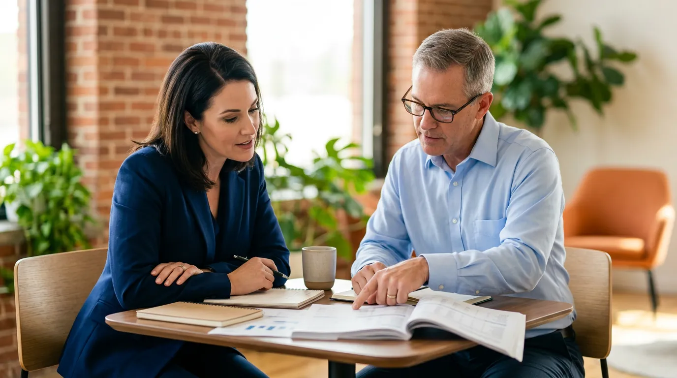 Founder and senior controller meeting to review financial reports and discuss month-end variances