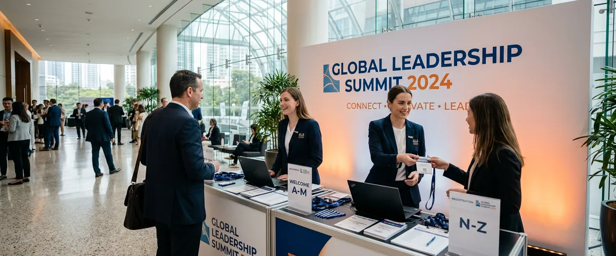 Corporate event staff welcoming attendees at a branded conference registration desk