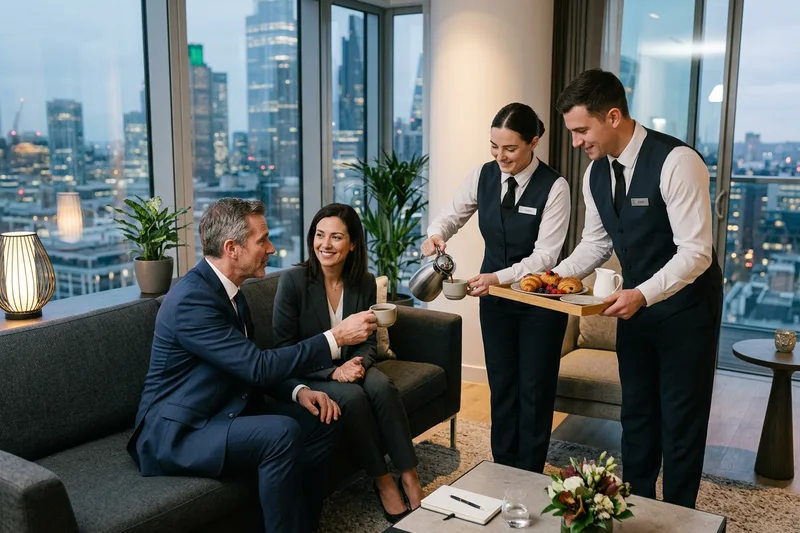 Hospitality staff serving coffee in an executive event suite during a corporate offsite