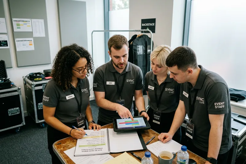 Corporate event staff team huddled in a green room for a pre-event brand briefing