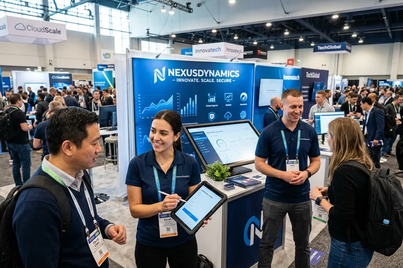 Corporate trade show booth staff engaging visitors with product demos and lead capture tablets