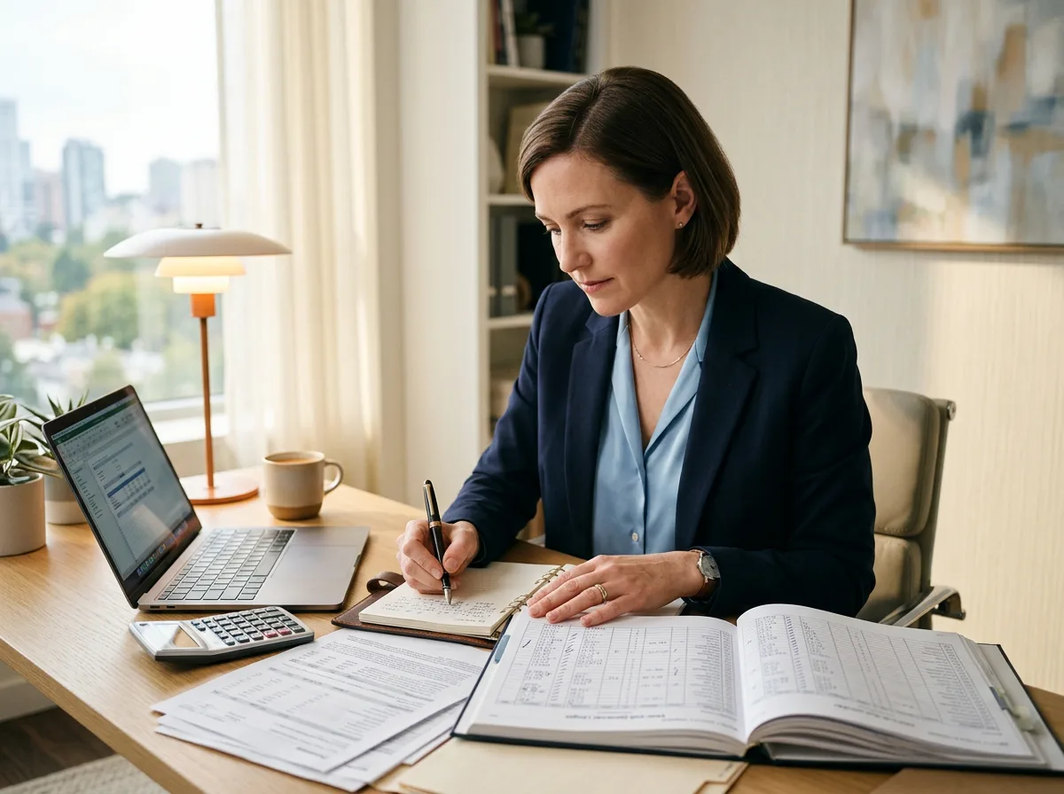 Licensed CPA reviewing tax workpapers and a year-end ledger at a desk, KORE1 CPA staffing