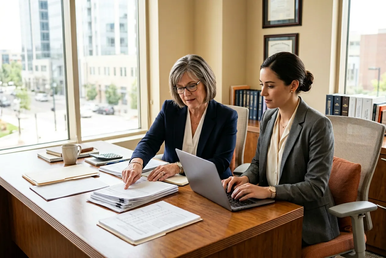 Tax CPA reviewing return workpapers with a colleague at a partner-style desk