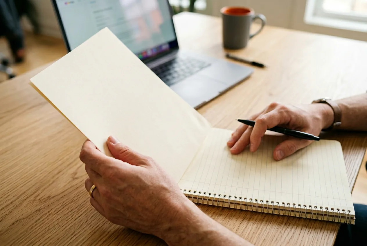 Hands reviewing CPA license credentials and reference notes during a recruiter screening call