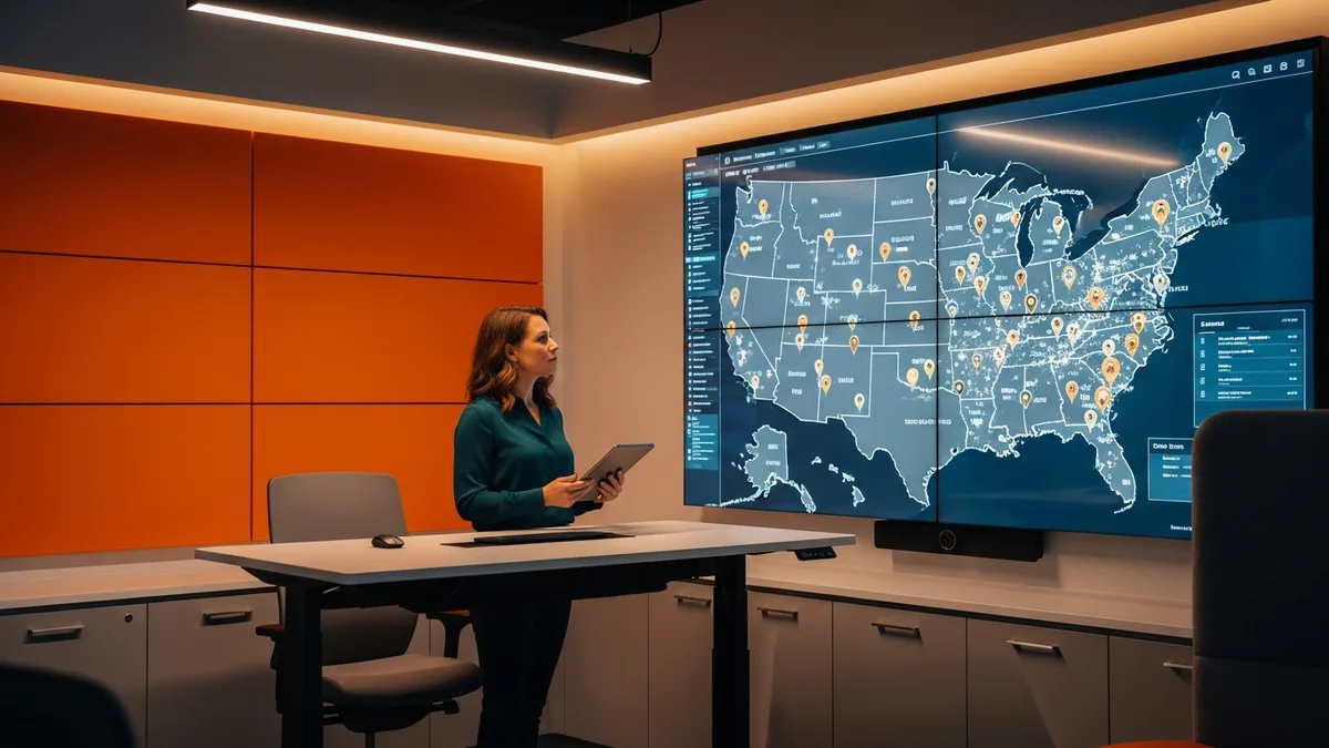 Recruiter reviewing US geographic distribution of C# and .NET developer talent across cities including Chicago Columbus Charlotte and Dallas