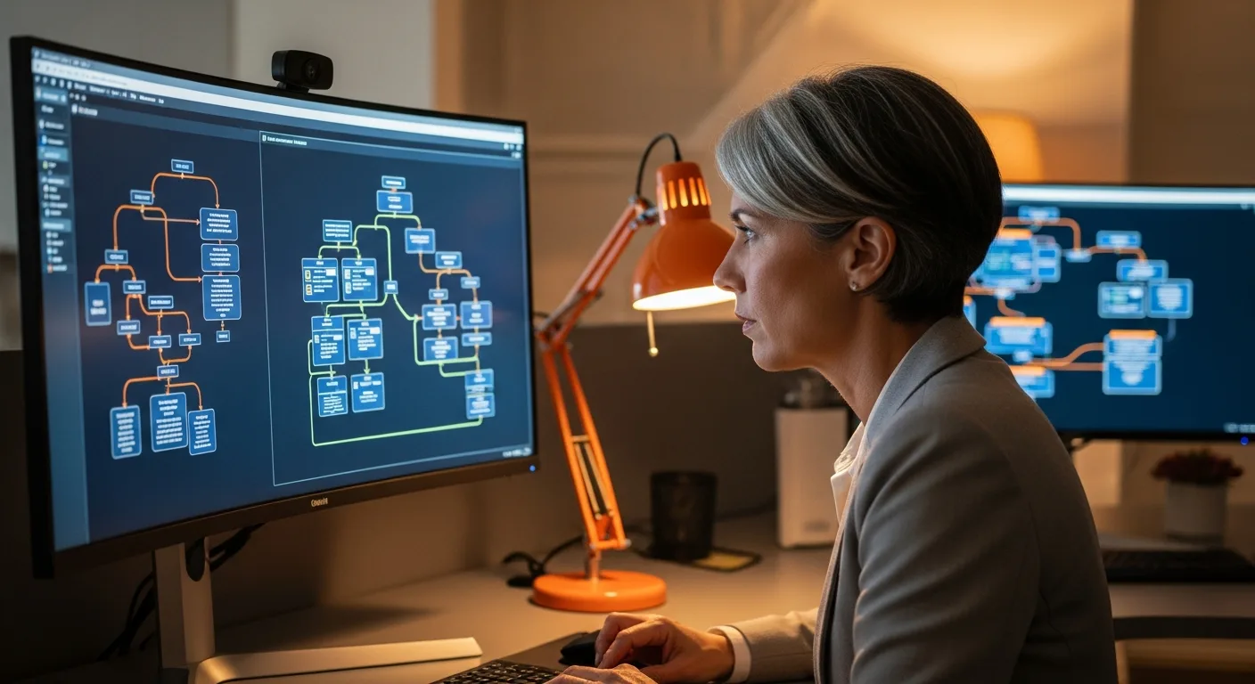 Senior tech executive reviewing software architecture diagrams at multi-monitor workstation