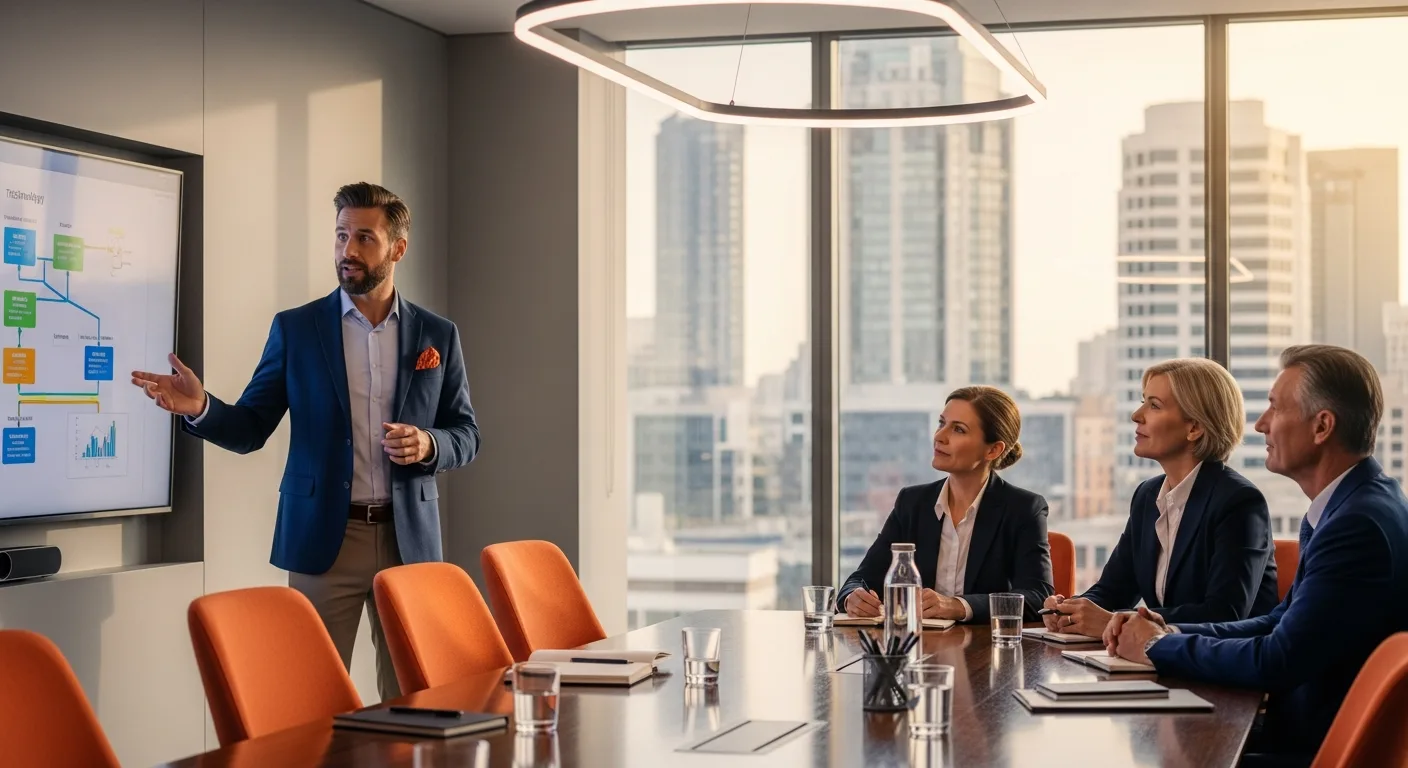 CTO presenting technology roadmap and salary strategy to board members at modern conference table