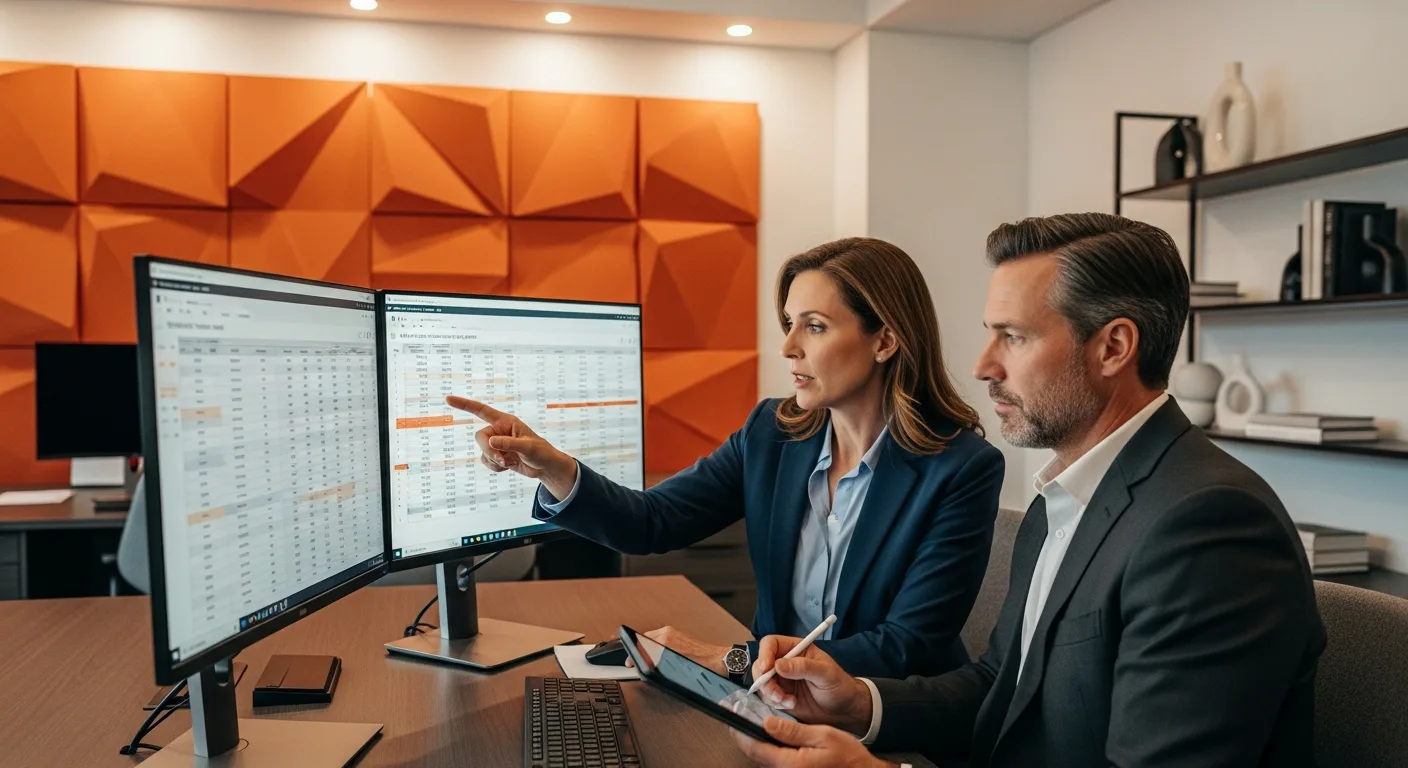 Two technology executives reviewing CTO compensation data and salary benchmarks on dual monitors