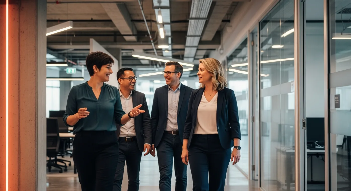 Executive leadership team including CTO discussing strategy in modern tech company hallway