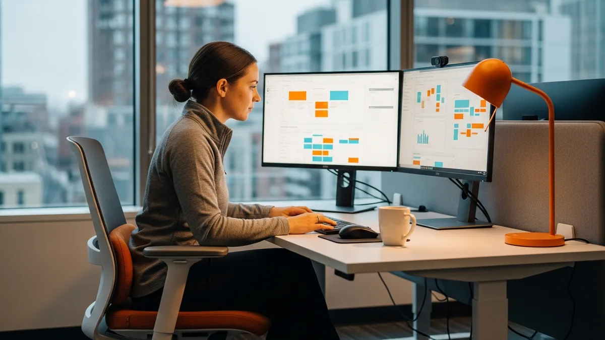 Cloud security analyst investigating AWS CloudTrail and IAM dashboards on multiple monitors at her workstation