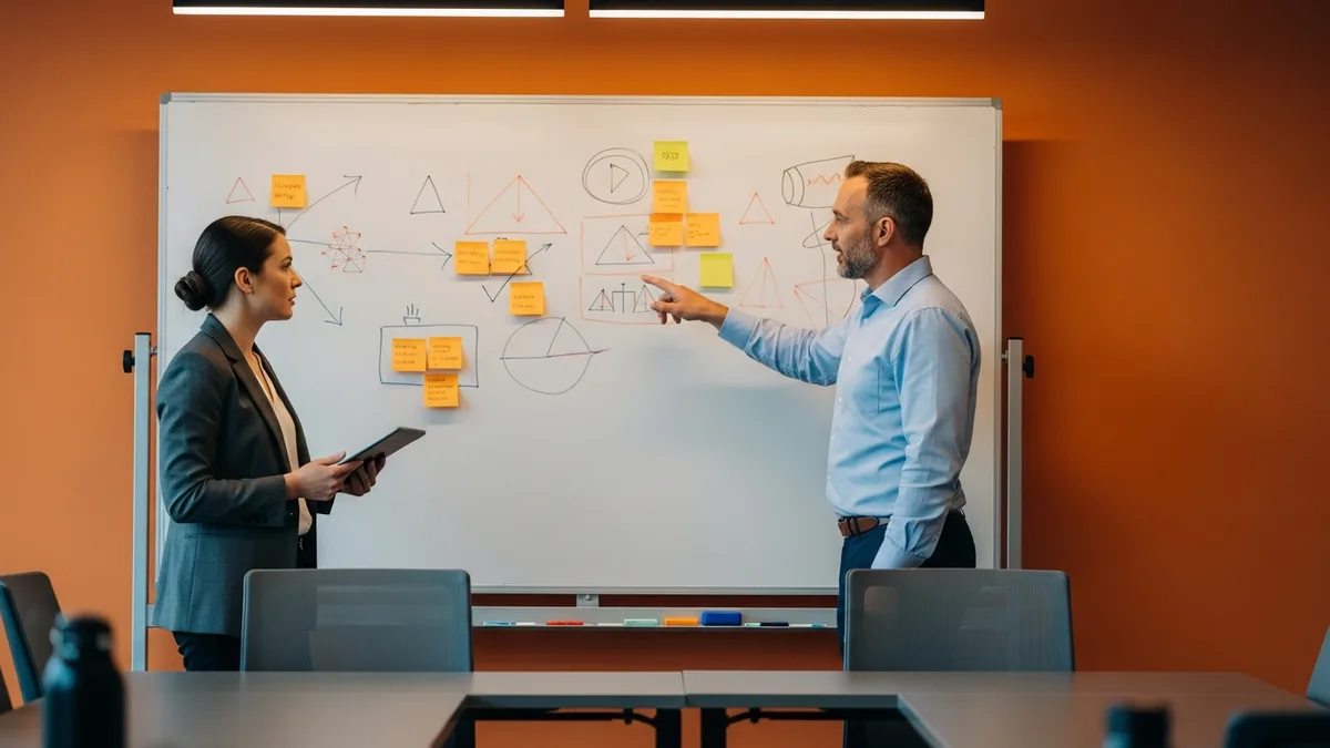Two cybersecurity analysts reviewing an incident response timeline on a whiteboard during a tabletop exercise