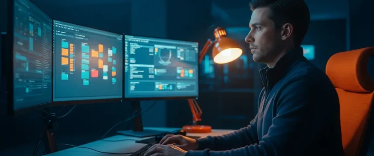 Cybersecurity analyst at a multi-monitor security operations center workstation monitoring SIEM threat dashboards