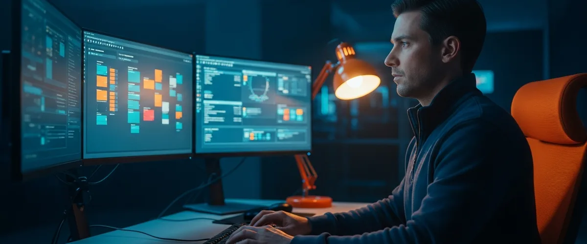 Cybersecurity analyst at a multi-monitor security operations center workstation monitoring SIEM threat dashboards