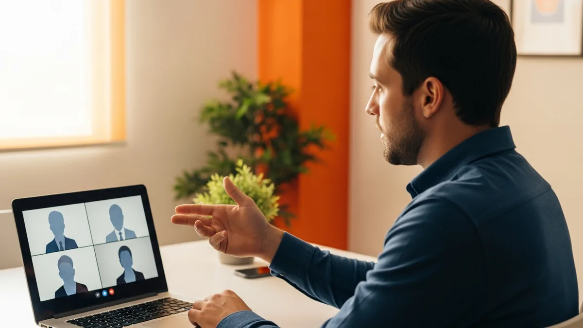 Cybersecurity candidate in a remote video interview answering questions from a four-panel hiring committee