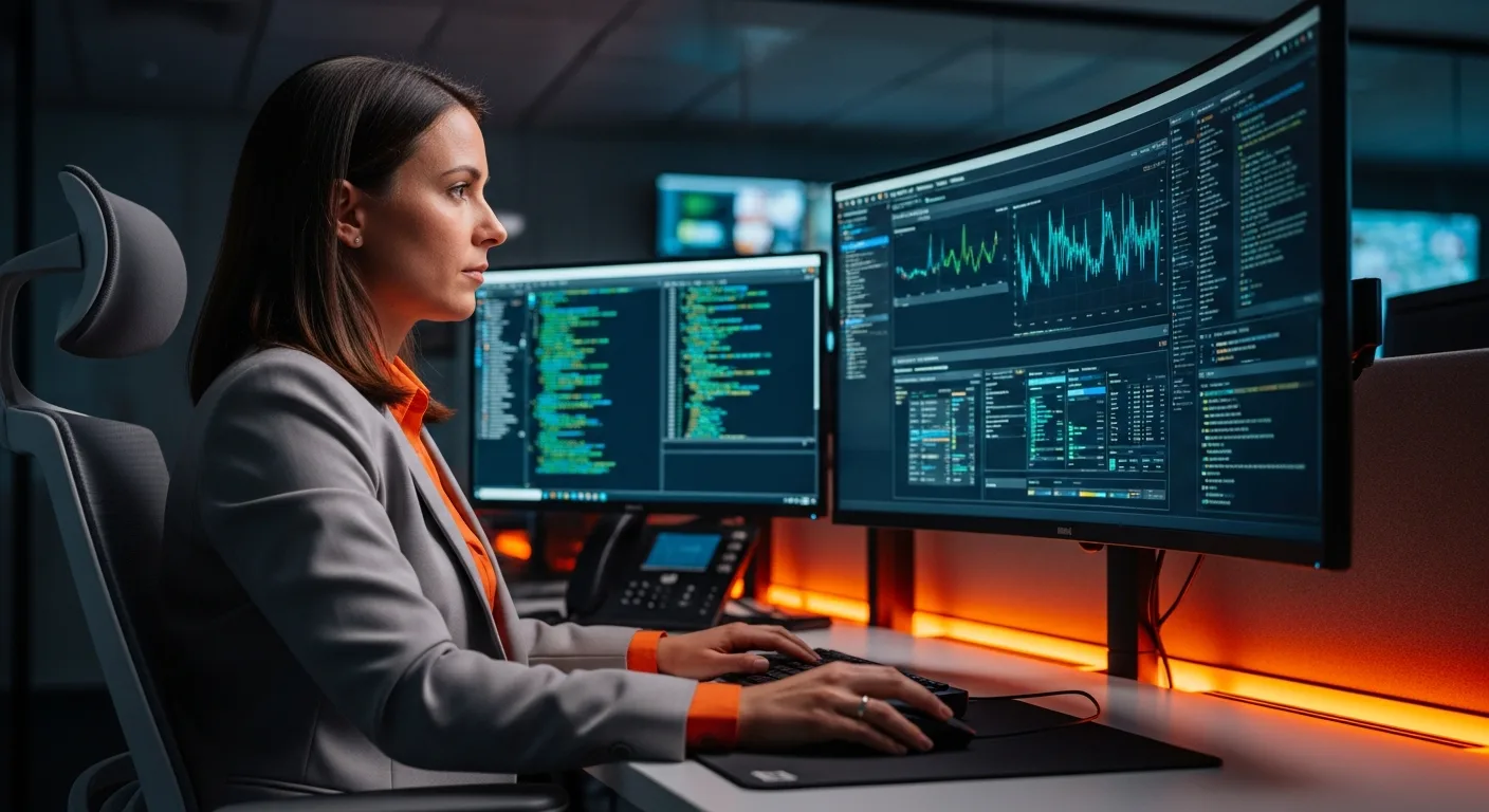 Cybersecurity engineer at security operations center workstation monitoring threat dashboards