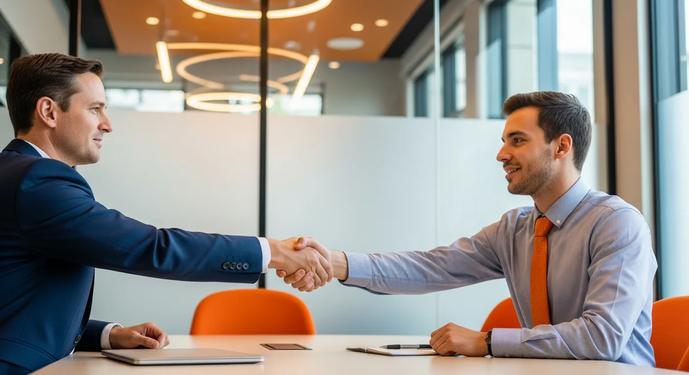 Hiring manager and cybersecurity candidate shaking hands during DevSecOps interview