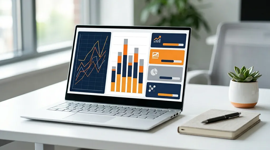 Data analyst building Tableau dashboard with revenue and funnel charts on laptop screen