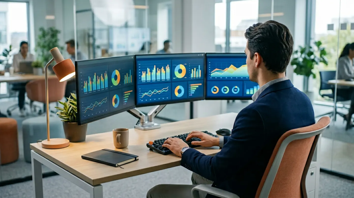 Data analyst reviewing SQL queries and Tableau dashboards across multi-monitor setup