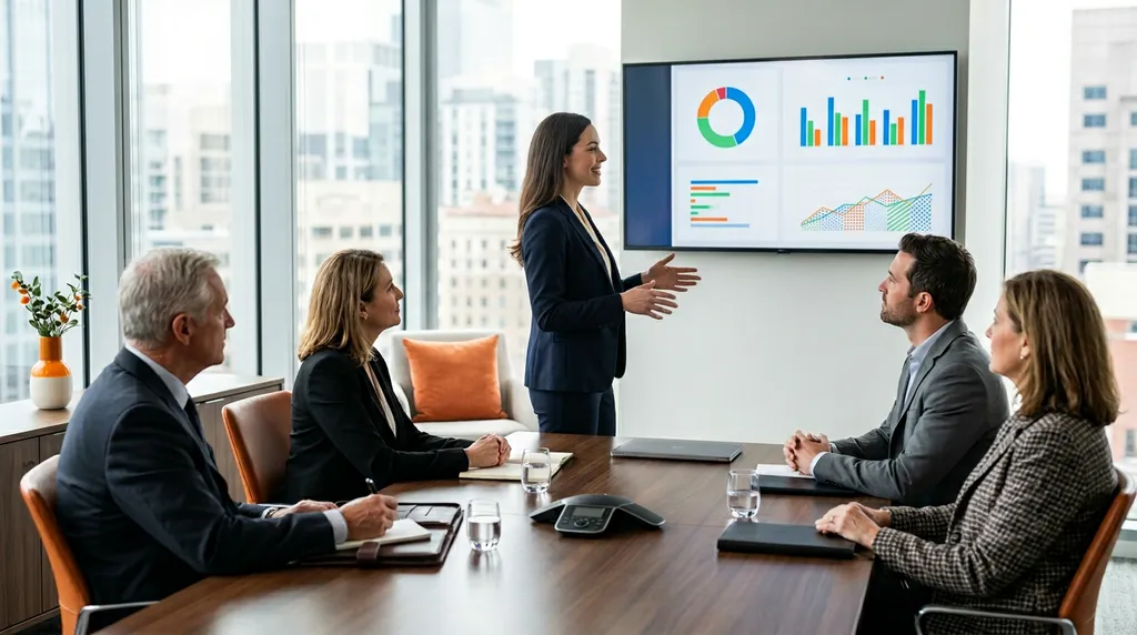 KORE1 placed data analyst presenting quarterly KPI dashboard to executive team in conference room