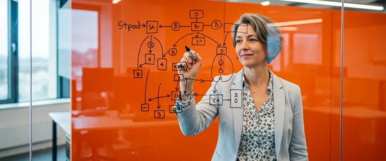 Data architect writing data model on glass whiteboard with orange accents